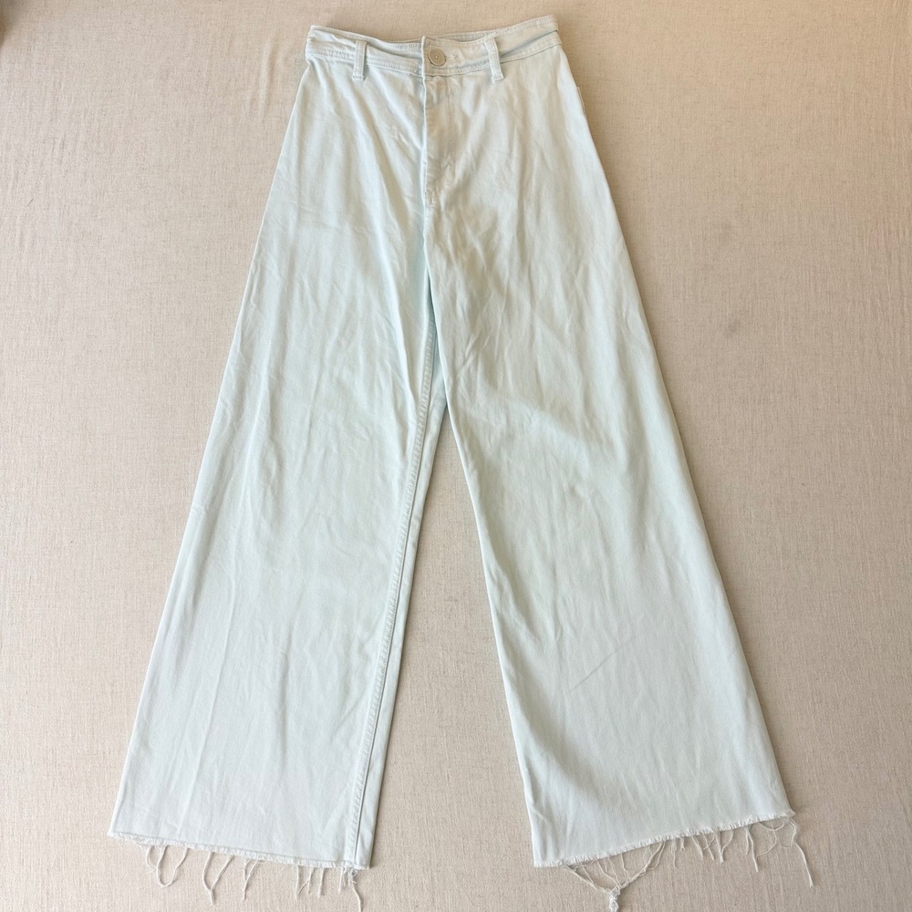 Zara Wide Leg Pants Womens 4 Light Blue High Rise Raw Hem Patch Pocket Denim